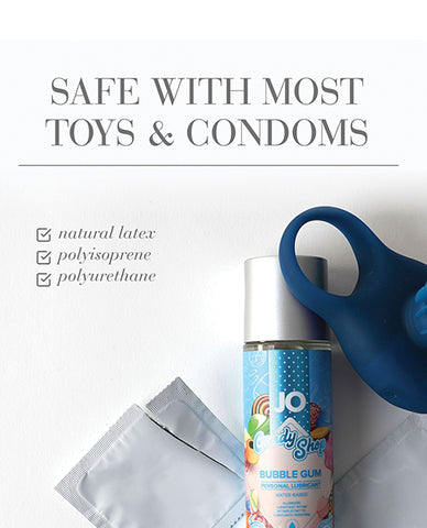 Bottle of JO Body Shop Bubble Gum flavored lubricant with packaging on a white background with text that says "Safe with Most Toys & Condoms"