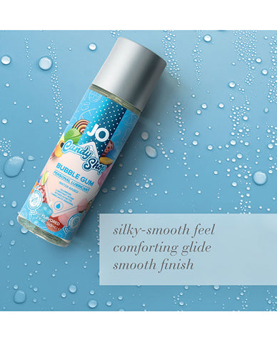 JO Candy Shop Bubble Gum flavored lubricant bottle on a blue background with bubbles.