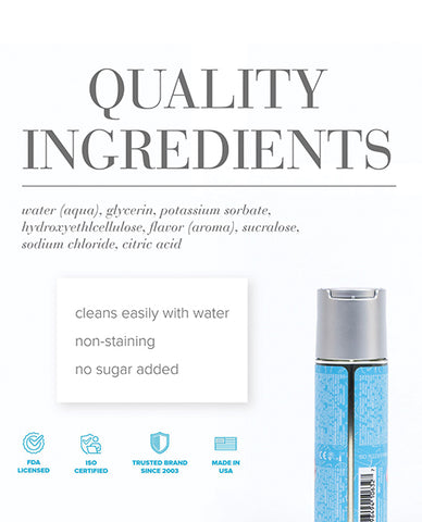 Product packaging with quality ingredients list and certification logos on a white background