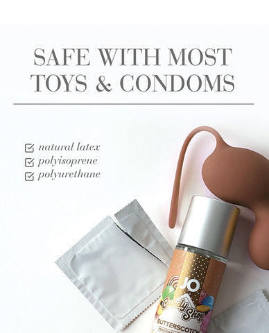 Product packaging with text 'Safe with most toys & condoms' on a white background