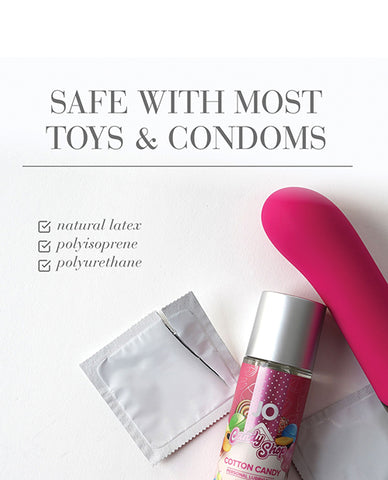 Product packaging with text 'Safe with most toys & condoms' on a white background
