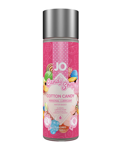 Cotton candy-flavored personal lubricant bottle with pink label on white background