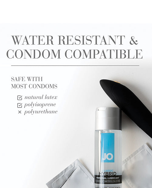 JO hybrid personal lubricant bottle with text about water resistance and condom compatibility on a white background