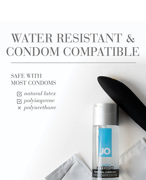 JO hybrid personal lubricant bottle with packaging on a white background, featuring text about water resistance and condom compatibility.