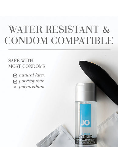JO hybrid personal lubricant bottle with packaging on a white background with condom compatibility checkboxes. Not safe with polyurethane condoms.