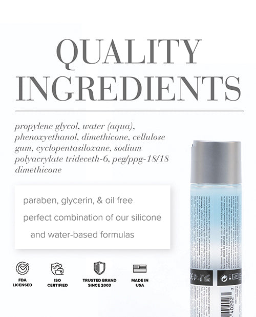 Product packaging with quality ingredients list and certification logos on a white background