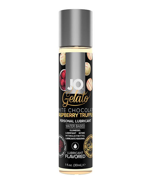 JO Gelato White Chocolate Raspberry Truffle personal lubricant bottle on a white background