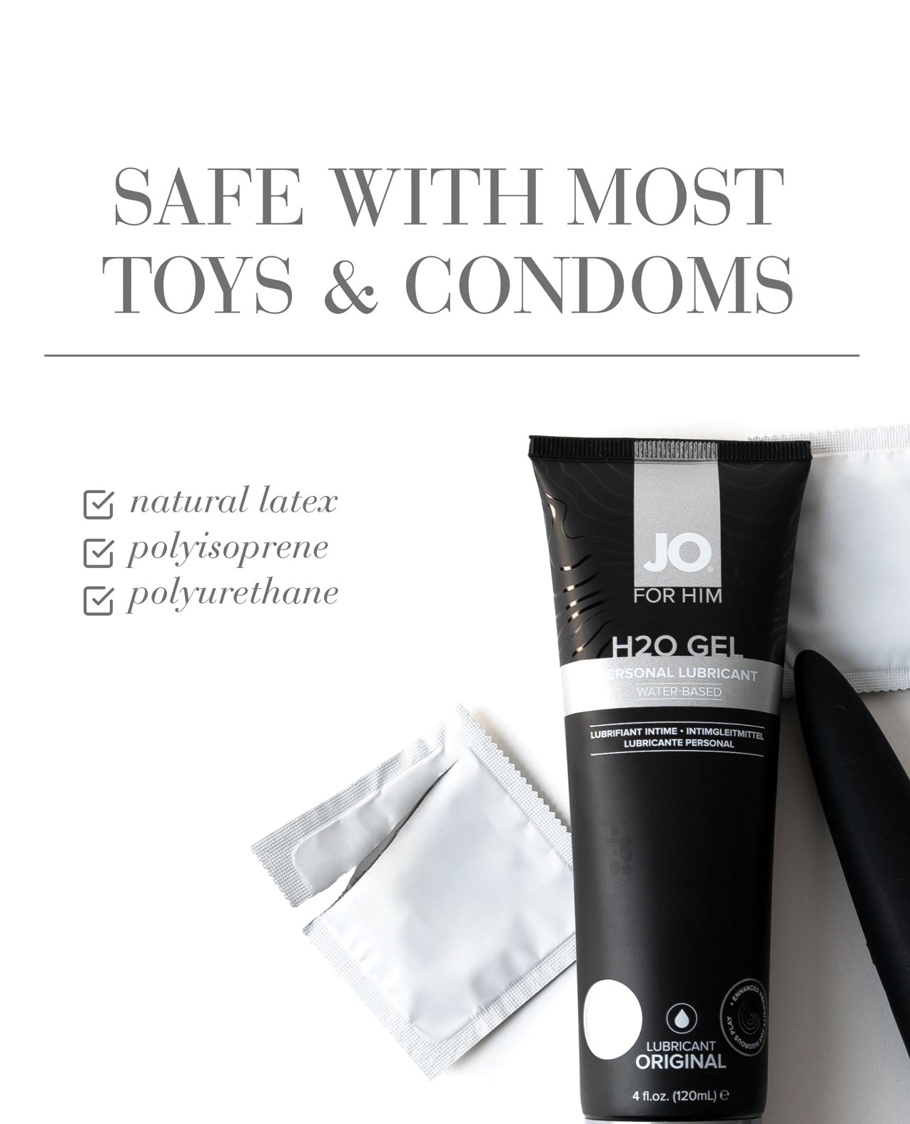 Tube of JO H2O Gel with packaging on a white background, featuring text about compatibility with toys and condoms.