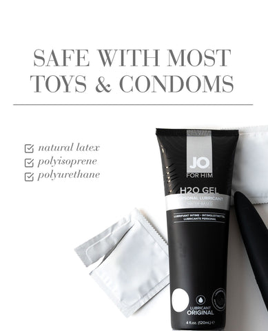 Tube of JO H2O Gel with packaging on a white background, featuring text about compatibility with toys and condoms.
