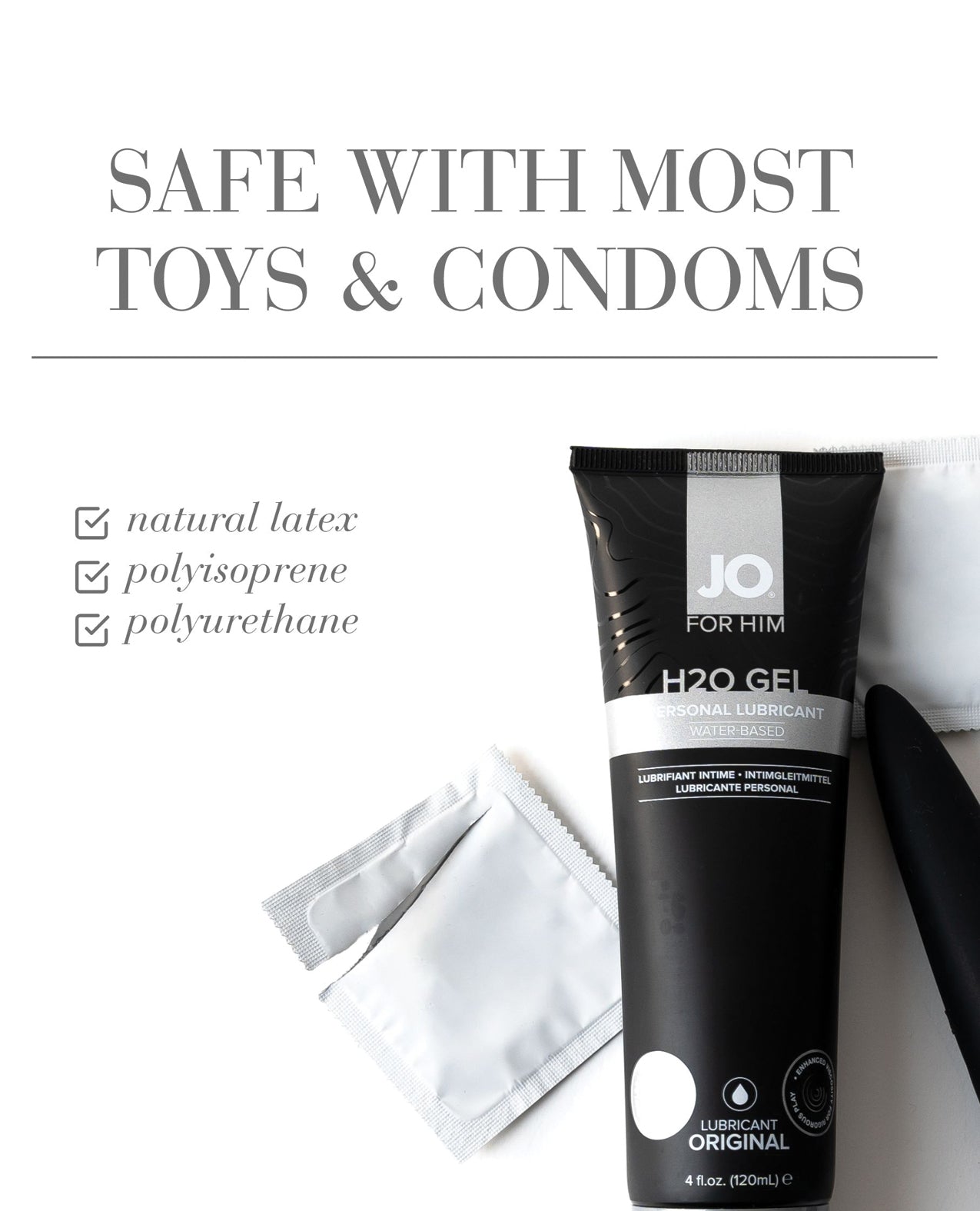 JO H2O Gel tube with text about compatibility with toys and condoms on a white background