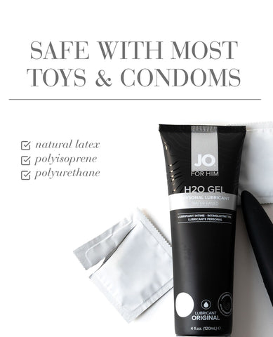 JO H2O Gel tube with text about compatibility with toys and condoms on a white background