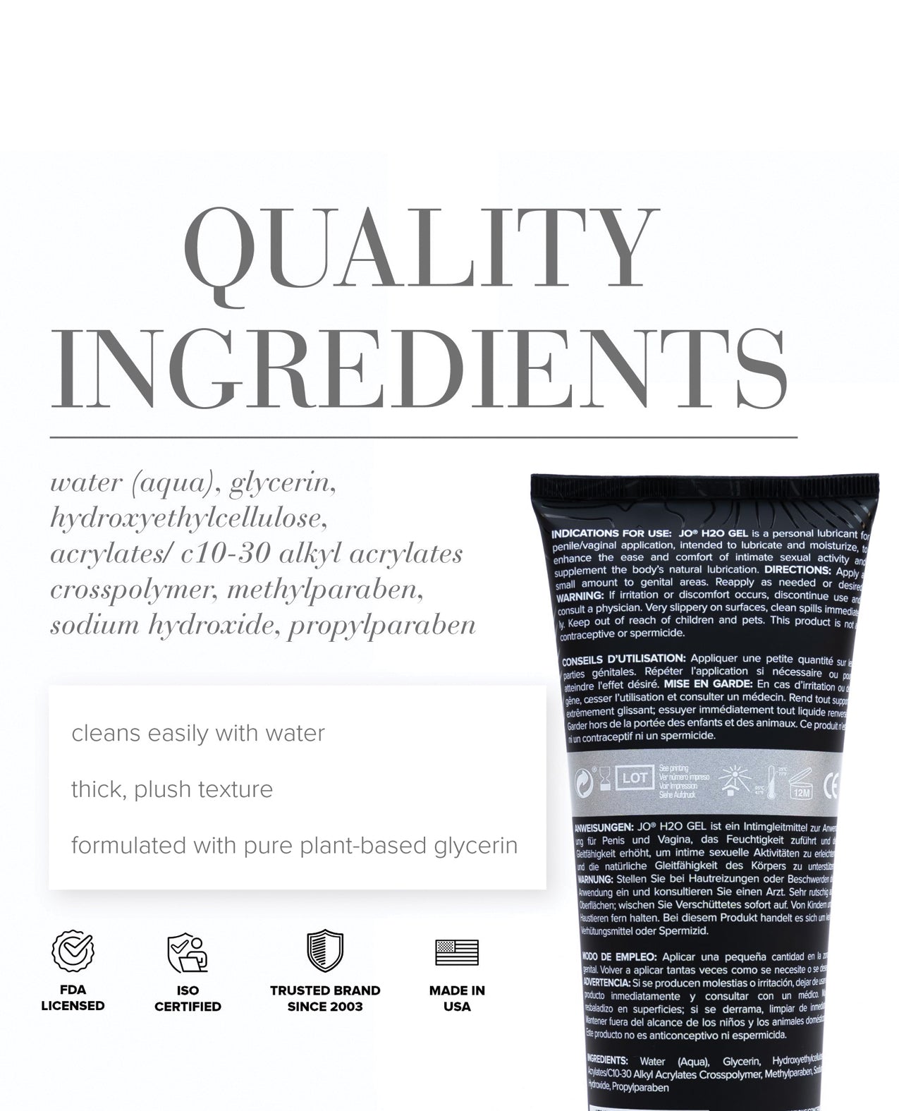 Product tube with quality ingredients text and list on a white background