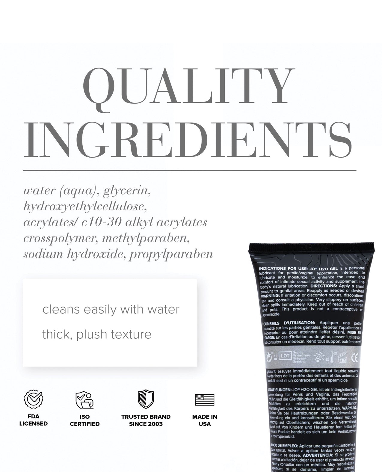 Product packaging with text about quality ingredients and certification logos on a white background