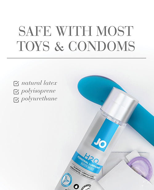 JO H2O personal lubricant bottle with packaging on a white background with information about condom compatibility.