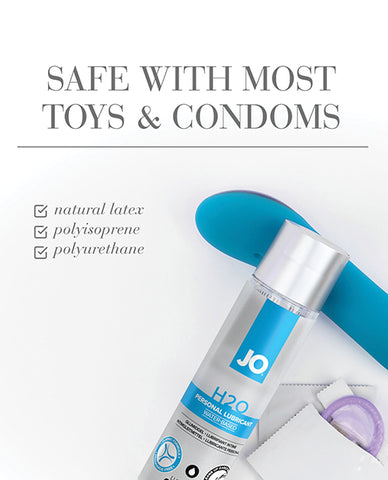 JO H2O personal lubricant bottle with packaging on a white background with information about condom compatibility.