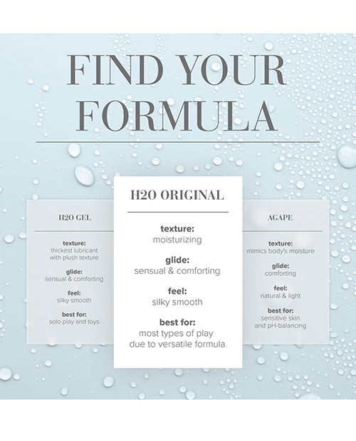 Product description card for H2O Original with text on a light blue background with bubbles.
