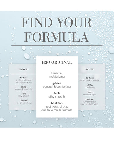 Product description card for H2O Original with text on a light blue background with bubbles.