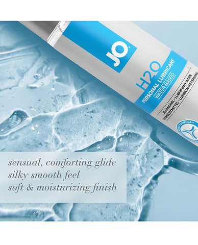 JO H2O lubricant packaging with water droplets on a blue background