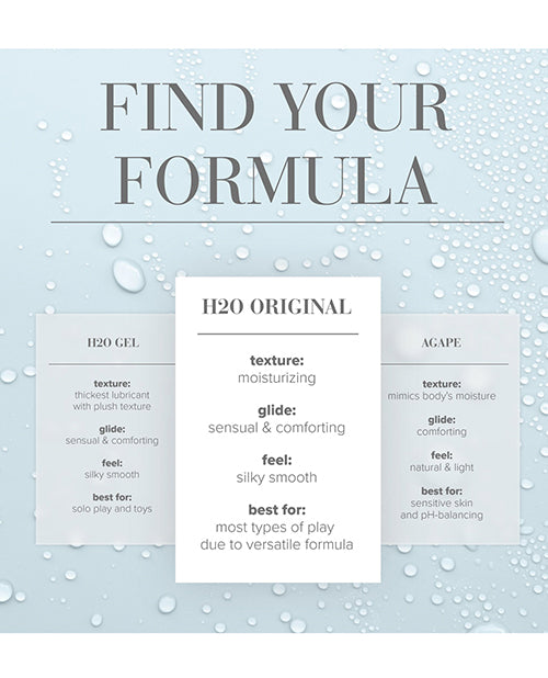 Product description card for H2O Original with text on a light blue background