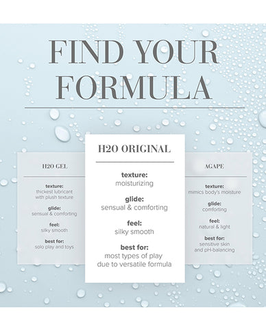 Product description card for H2O Original with text on a light blue background