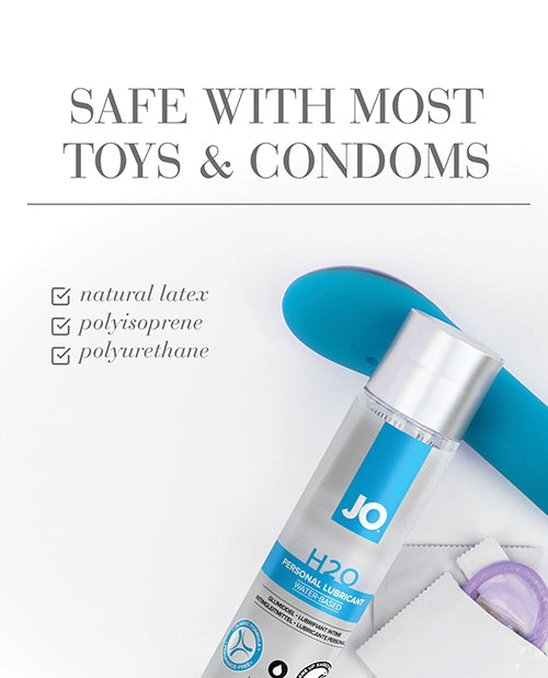 JO H2O personal lubricant bottle with text about safety with toys and condoms on a white background