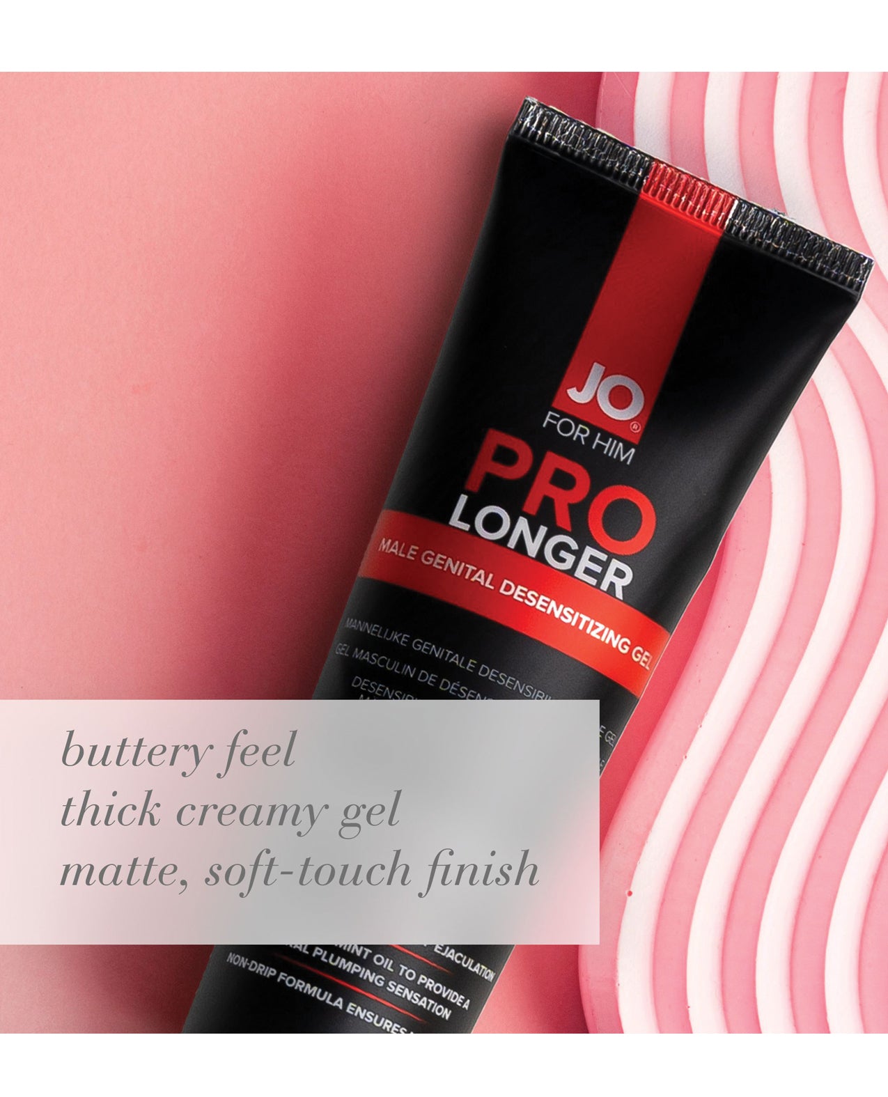 JO for Him Pro Longer male genital desensitizing gel packaging on a pink background
