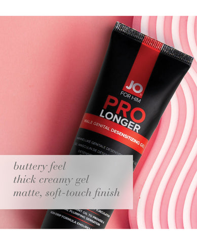 JO for Him Pro Longer male genital desensitizing gel packaging on a pink background