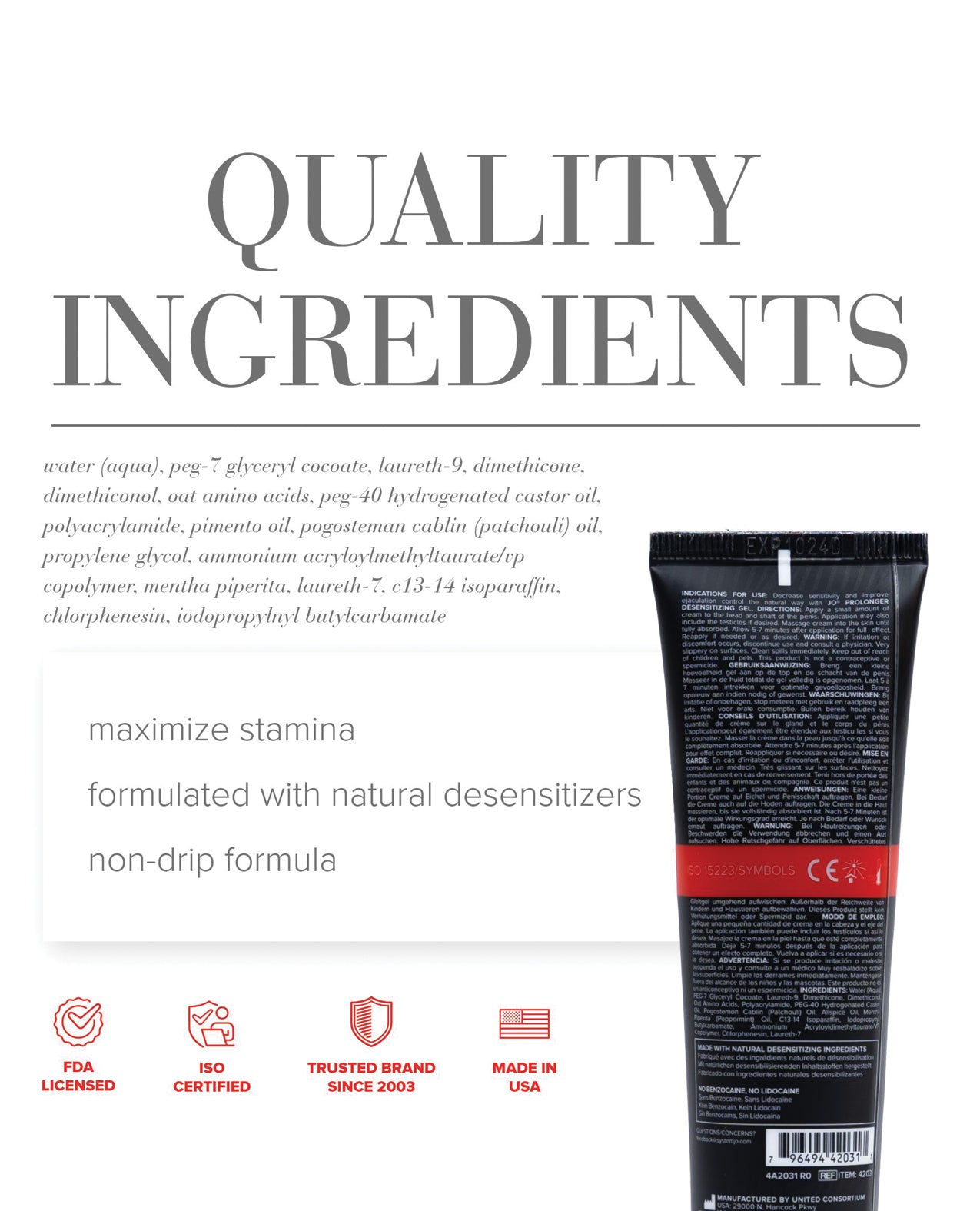 A list of the ingredients on the back of a tube of JO Prolonger Gel.
