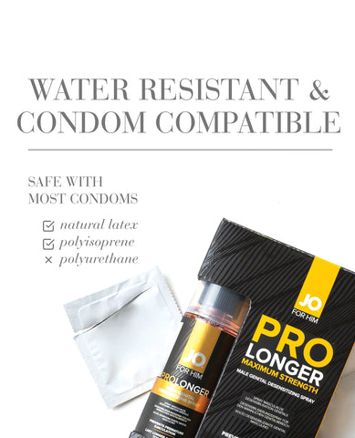 JO Pro Longer Maximum Strength product packaging with text about water resistance and compatibility. Not safe for polyurethane condoms.