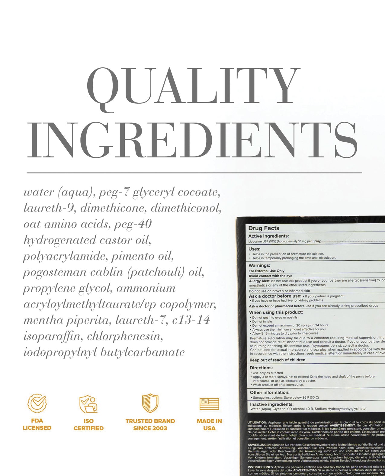 Product label with 'Quality Ingredients' text and detailed ingredient list on a white background.