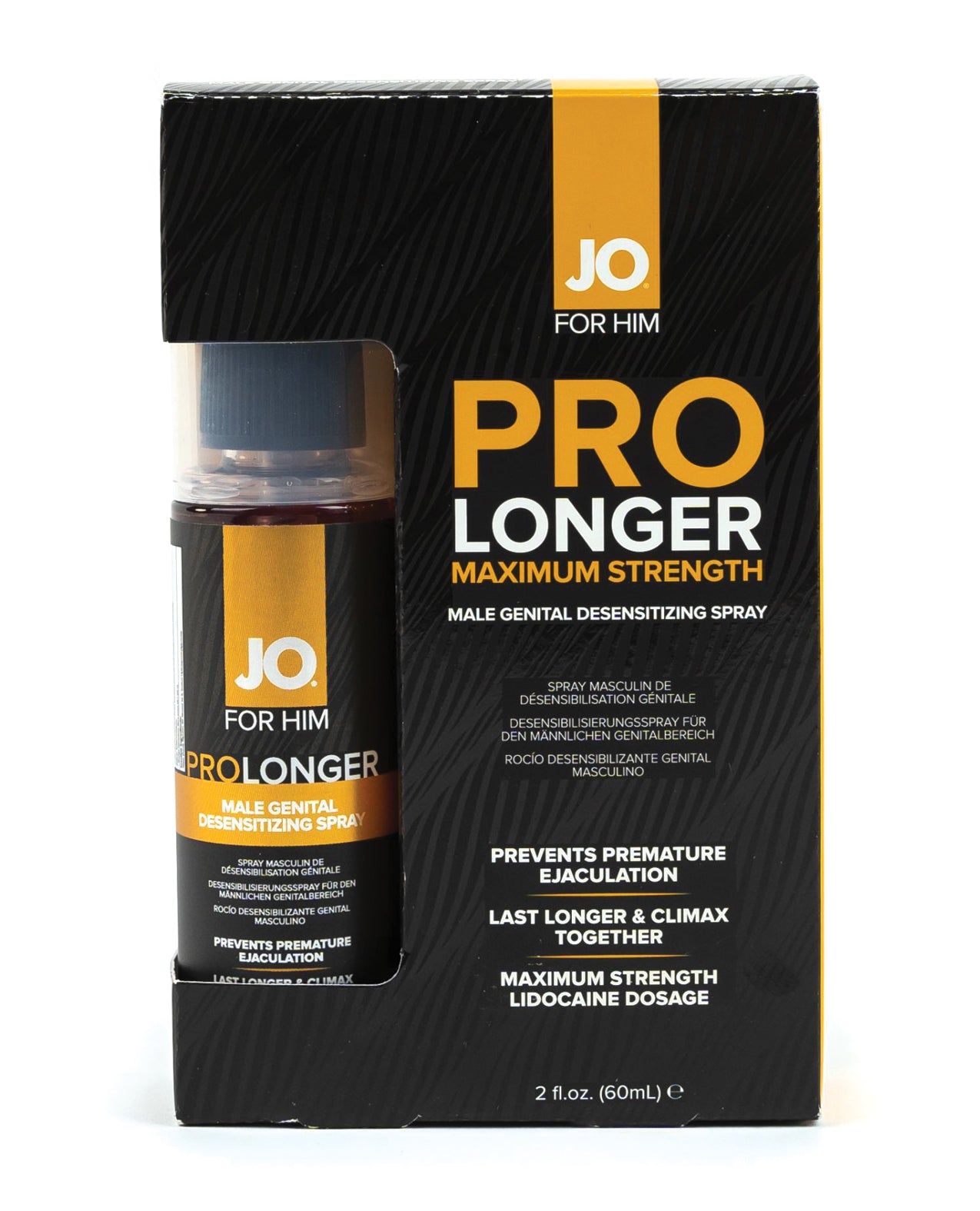 JO Pro Longer Maximum Strength male genital desensitizing spray packaging on a white background