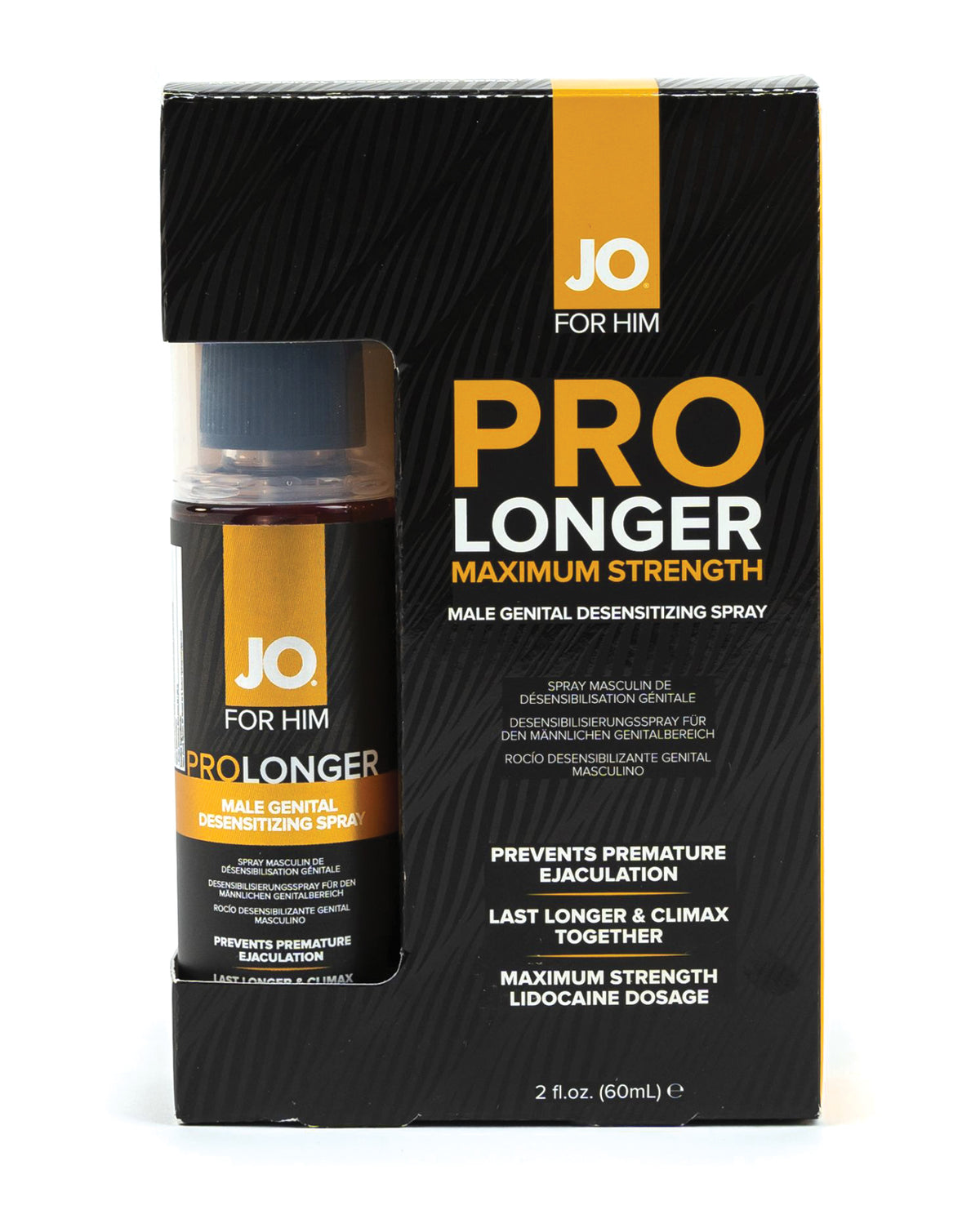 JO Pro Longer Maximum Strength male genital desensitizing spray packaging on a white background