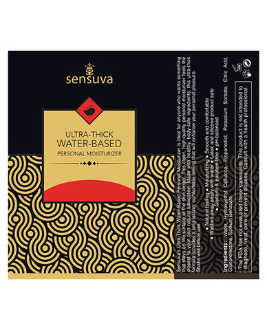 Sensuva ultra-thick water-based personal moisturizer packaging with gold and black design.