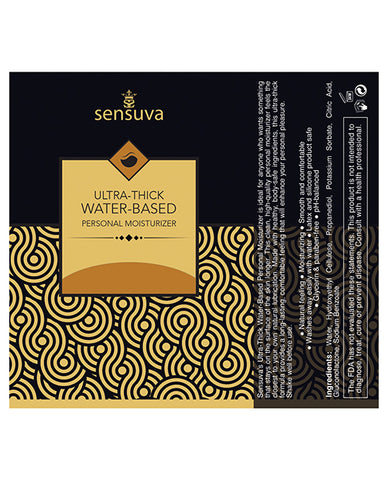Sensuva ultra-thick water-based personal moisturizer packaging with gold and black design.