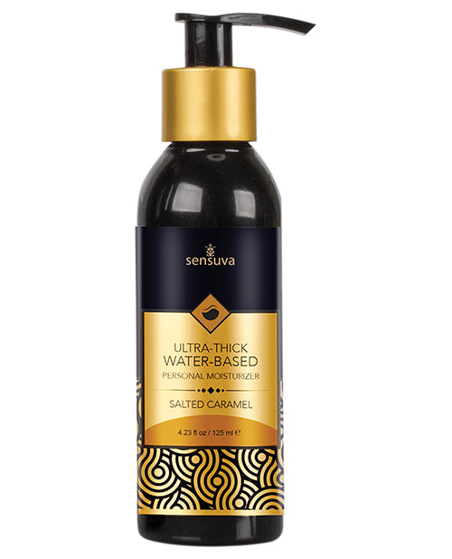 Sensuva salted caramel flavored personal moisturizer bottle on a white background