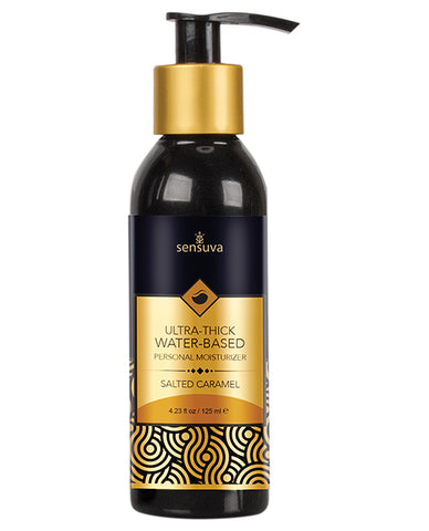 Sensuva salted caramel flavored personal moisturizer bottle on a white background