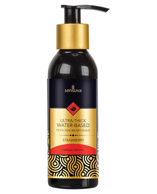 Sensuva ultra-thick water-based personal moisturizer bottle with gold pump on a white background