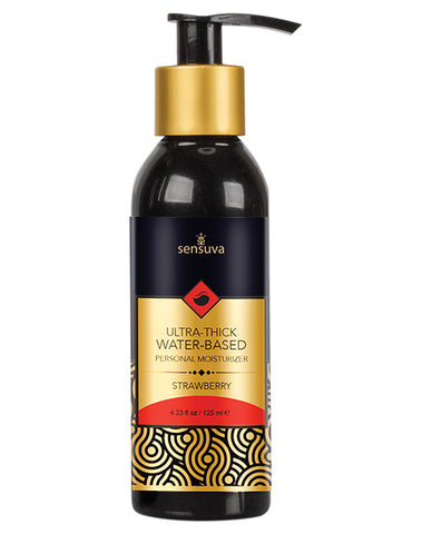 Sensuva ultra-thick water-based personal moisturizer bottle with gold pump on a white background