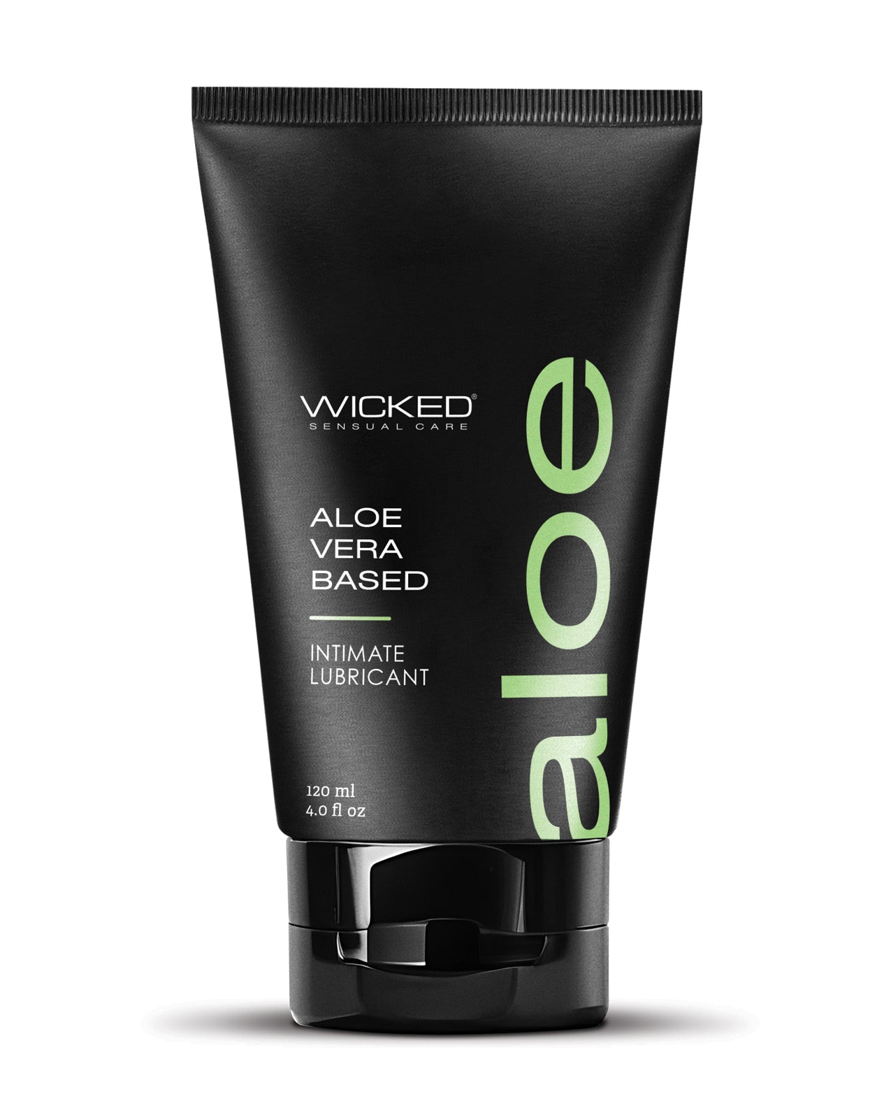 Black tube of Wicked Aloe Vera Based Intimate Lubricant on a white background
