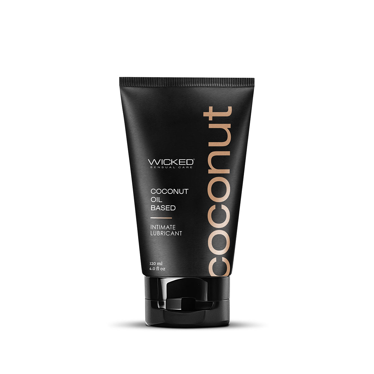 Black tube of Wicked Coconut oil-based lubricant on a white background