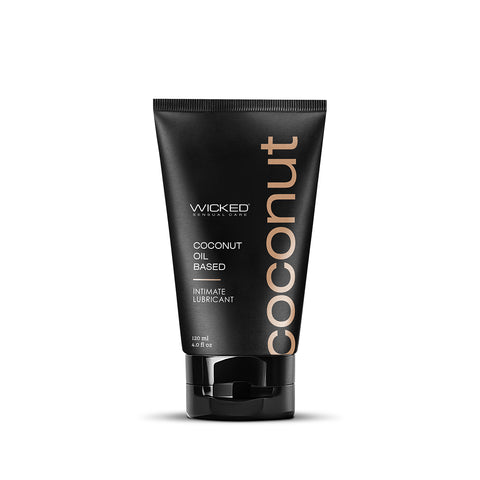 Black tube of Wicked Coconut oil-based lubricant on a white background