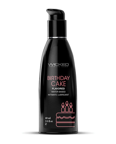 Black bottle of Wicked Sensual Care Birthday Cake flavored lubricant on a white background