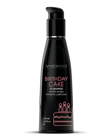 Black bottle of Wicked Sensual Birthday Cake flavored lubricant on a white background