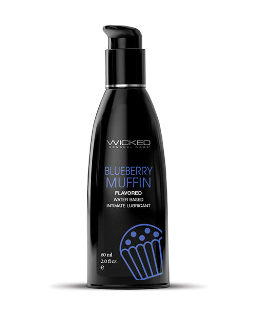 Black bottle of Wicked Sensual Care Blueberry Muffin flavored lubricant on a white background
