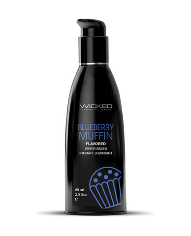 Black bottle of Wicked Sensual Care Blueberry Muffin flavored lubricant on a white background