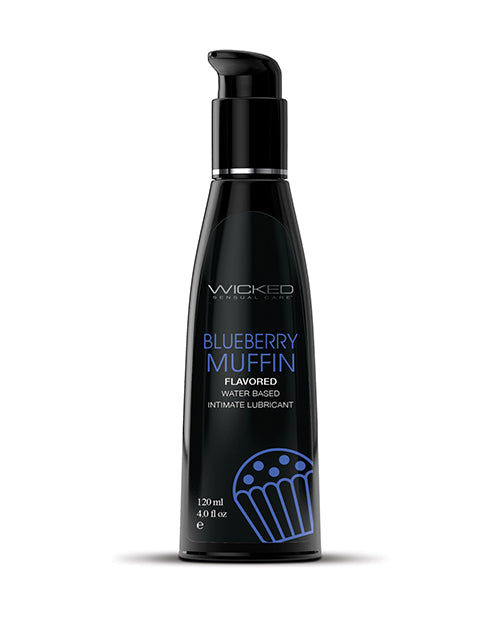 Black bottle of Wicked Blueberry Muffin flavored lubricant on a white background