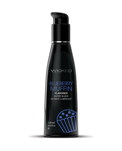 Black bottle of Wicked Blueberry Muffin flavored lubricant on a white background