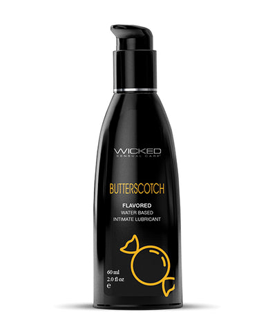 Black bottle of Wicked Sensual Care Butterscotch flavored water-based intimate lubricant on a white background
