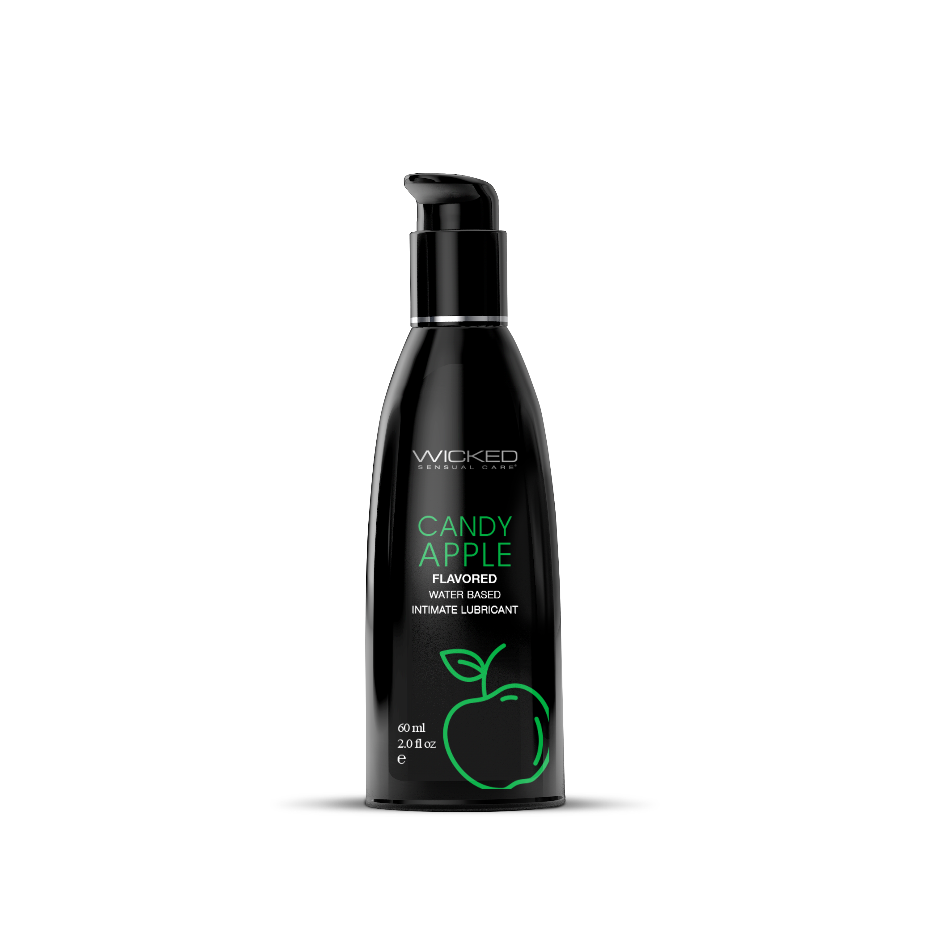 Black bottle of Wicked Candy Apple flavored intimate lubricant on a white background