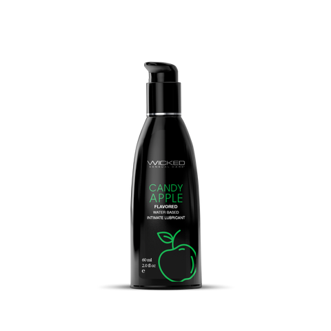 Black bottle of Wicked Candy Apple flavored intimate lubricant on a white background